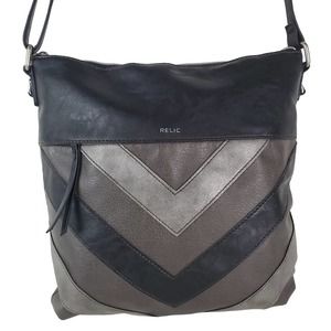 Relic Purse Cross Body Chevron Style Shoulder Strap Handbag Gray Tan Black 13.5”